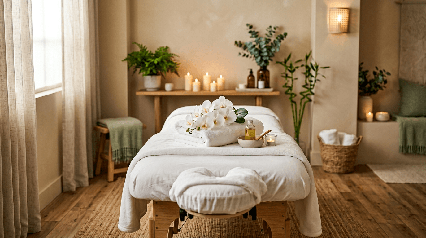 Calm spa treatment room with soft lighting and a prepared massage table